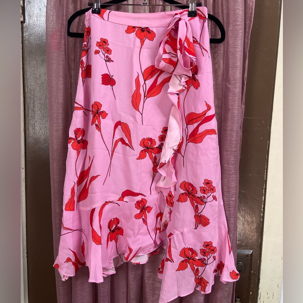 NWT Parker Pink + Red Floral Ruffled Asymmetrical Midi Skirt